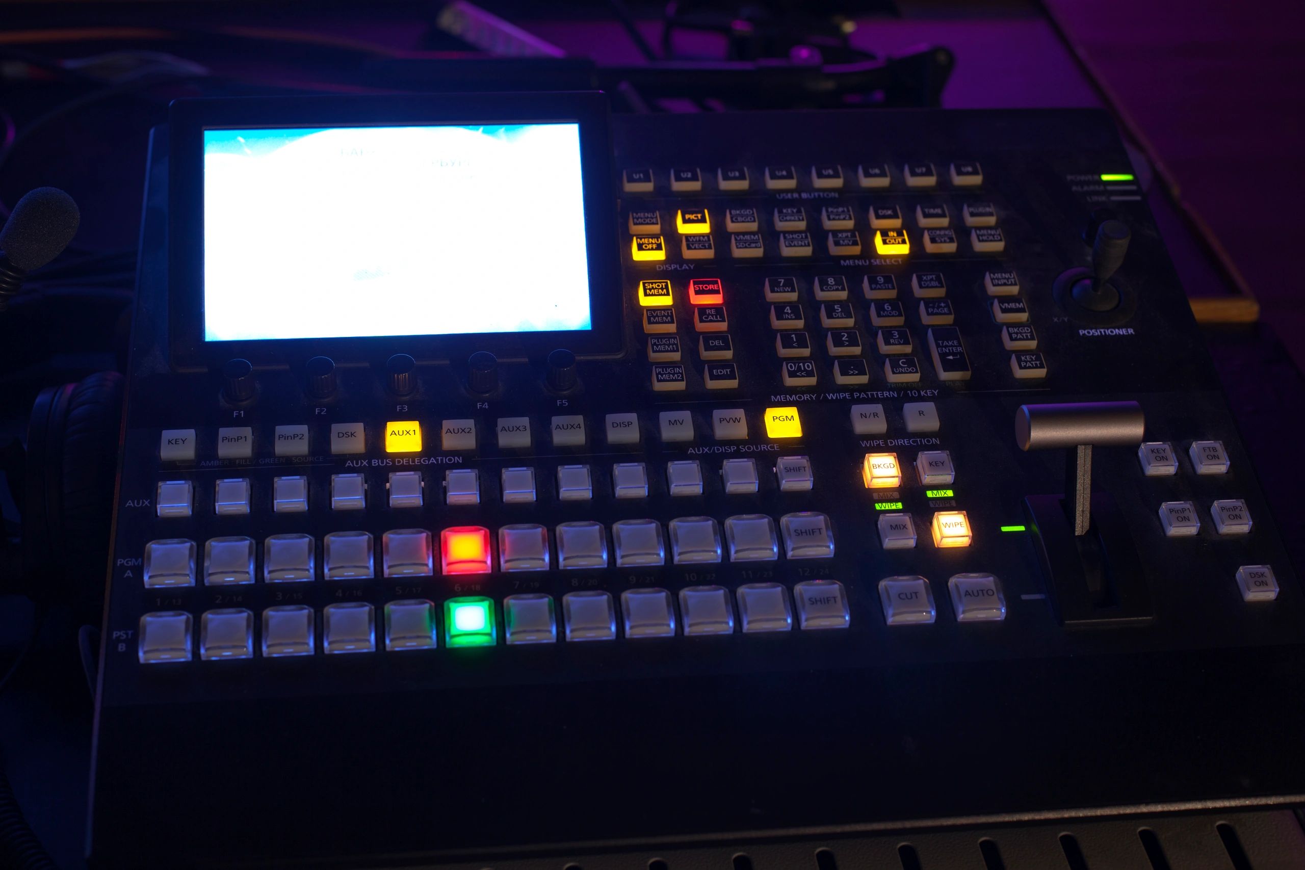 AV control panel and broadcast equipment in a production gallery